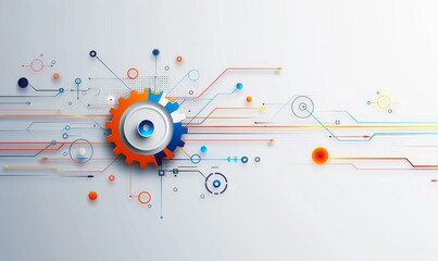 Obraz premium Gears and cogs in motion on a white background with digital tech elements, representing the concept