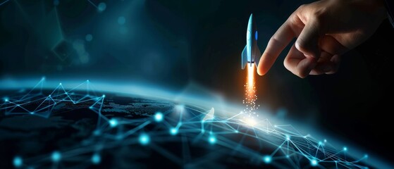 Hand touching rocket icon with digital connections on dark background, symbolizing business startup