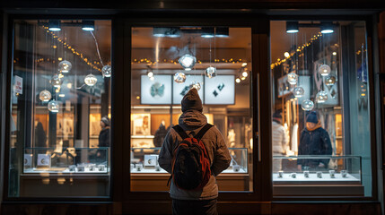 Person in winter jacket and backpack looks into brightly lit store window at night, admiring watches and jewelry on display. Store's festive decorations add warm glow.