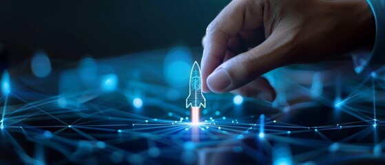 Hand touching rocket icon with digital connections on dark background, symbolizing business startup