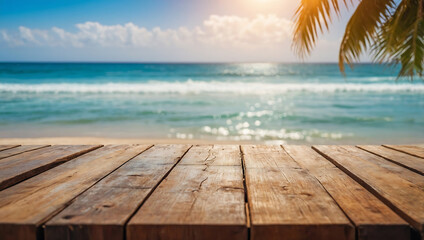 Fototapeta premium Brown wooden table, sea view background, blurred