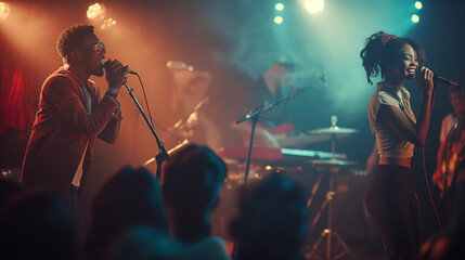 A musician and a singer + perform passionately + on a small stage, as the audience + sways to the rhythm.
