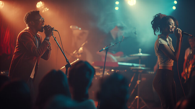 A musician and a singer + perform passionately + on a small stage, as the audience + sways to the rhythm.