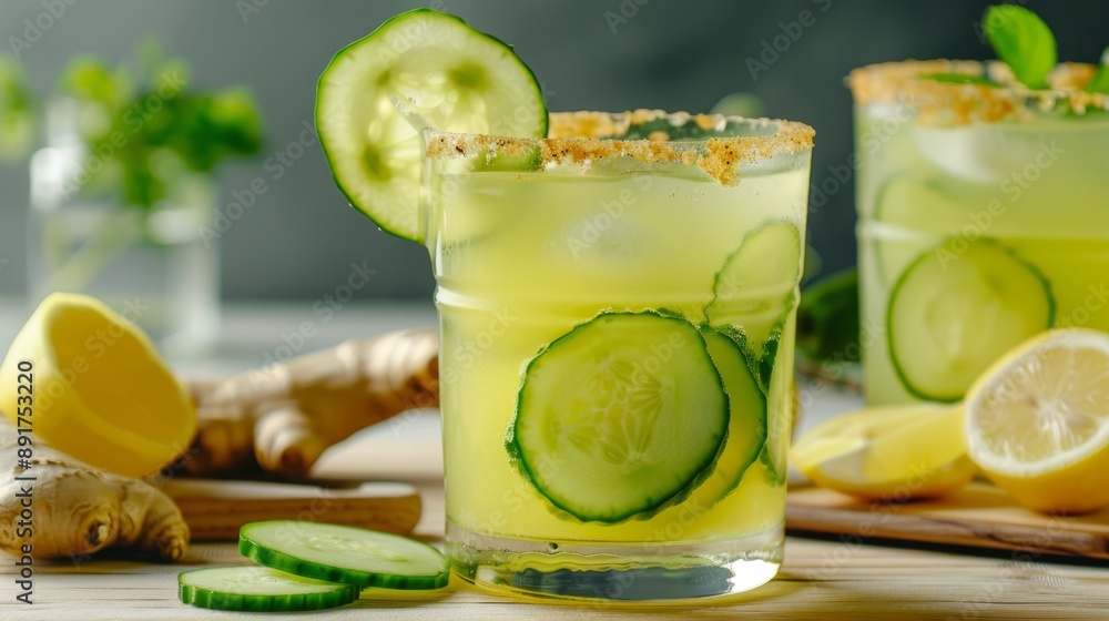Poster refreshing cucumber and lemon drink in a glass. cool beverage styled with cucumber slices on a woode