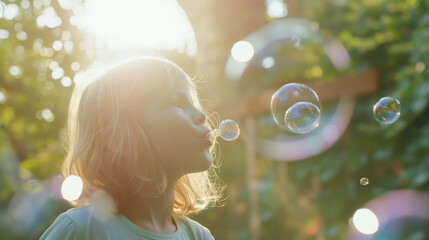A child + blows + bubbles + in the sunny backyard.