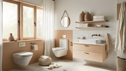 Fototapeta premium A serene Scandinavian-inspired bathroom scene, bathed in soft, warm natural light pouring through a large window with minimalist white shades. generative ai