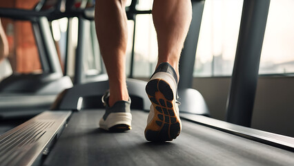 Close-up of man feet on a treadmill running at the gym or at home