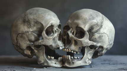Obraz premium Two human skulls placed together, facing each other, on a dark background, showing detailed bone texture.