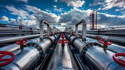 Expansive Pipeline with Red Valves and Blue Sky with Clouds
