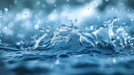 Defocus blur transparent blue, clear calm water texture with splash and foam 