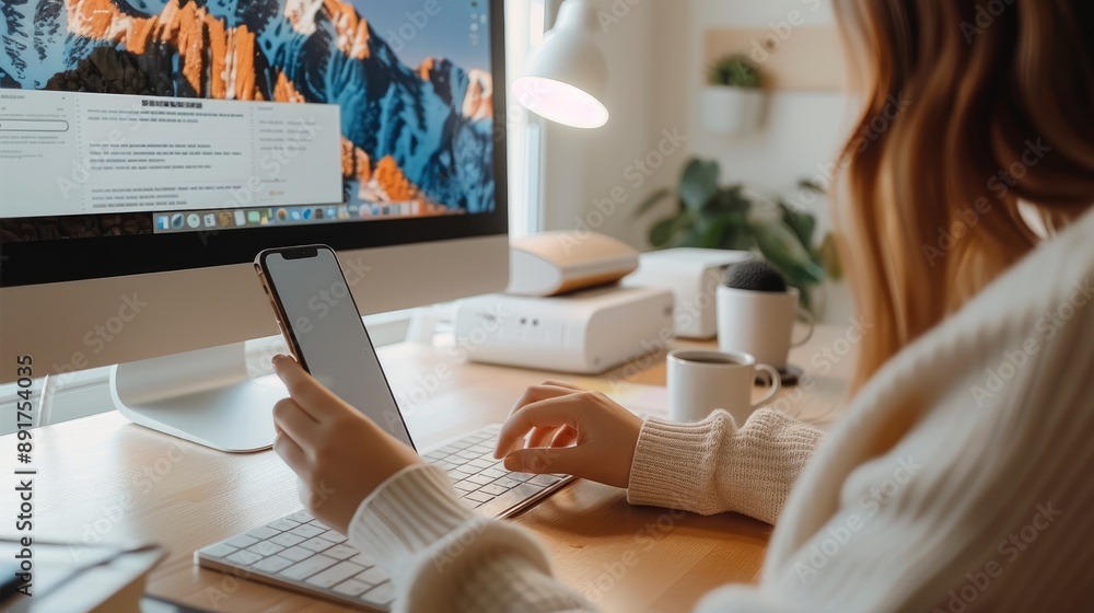 Poster A Caucasian person looking at the phone stand on a desk next to an PC while typing on the keyboard, clean beige wall in the blurred background. Generative AI.