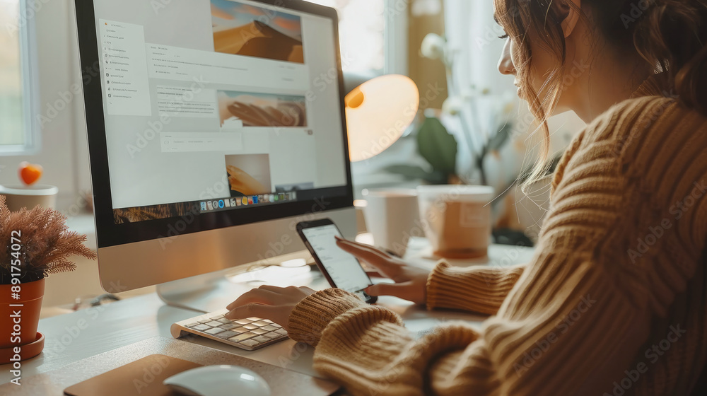 Poster a caucasian person looking at the phone stand on a desk next to an pc while typing on the keyboard, 
