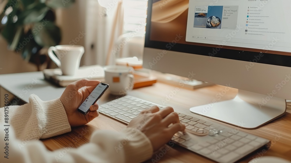 Poster a caucasian person looking at the phone stand on a desk next to an pc while typing on the keyboard, 