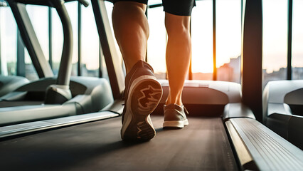Close-up of man feet on a treadmill running at the gym or at home