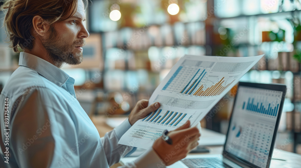 Poster A person holding a financial report, analyzing data with a focused expression. professional attire, office environment with a desk. Generative AI.