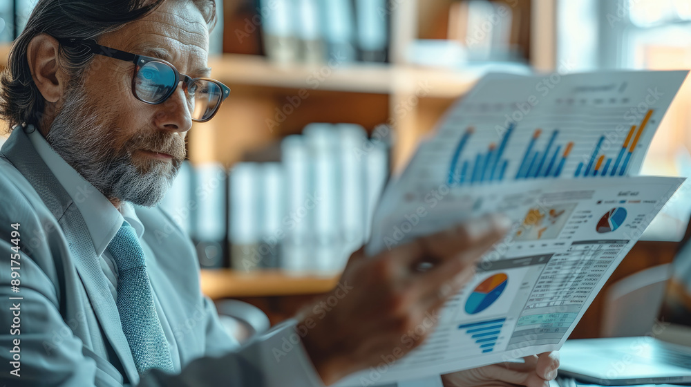 Fototapete a person holding a financial report, analyzing data with a focused expression. professional attire, 