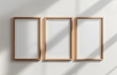 3 blank picture frames on the wall above a concrete console table, minimalist modern home interior