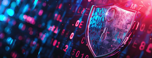 wide technology background cover illustration of digital data security with shield symbol bright lines binary codes on a screen 