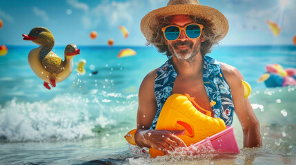 Padre en la playa con los juguetes de sus hijos, concepto de humor y risas.