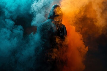 Obraz premium Mysterious hooded figure surrounded by vibrant blue and orange smoke, creating a dramatic and enigmatic atmosphere.