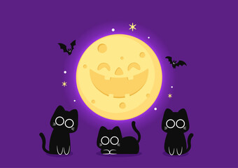 Cute Black cat and moon. Halloween black cat on purple background.