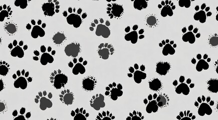 Fototapeta premium Seamless paw print pattern, black animal tracks on light grey background, hand drawn pet footprint wallpaper, minimalist dog and cat paw texture