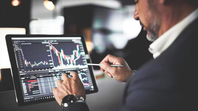 Broker haciendo trading que es la comercializaci&oacute;n de instrumentos financieros con el objetivo de obtener un beneficio. Concepto de movimientos financieros y criptomonedas.