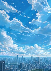 Stunning blue sky with white clouds over a vibrant cityscape. Anime-inspired background  capturing the beauty of urban life.

