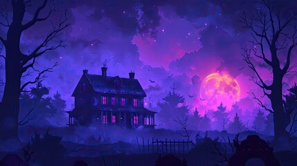 Obraz premium Eerie haunted house under a purple night sky with a full moon and spooky trees, creating a mysterious and chilling atmosphere.