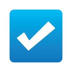 Blue positive vote button with checkmark accept complete task badge vector illustration. Success confirmation logotype keypad agree approved check mark. Done checkbox. Tick button emoji icon.