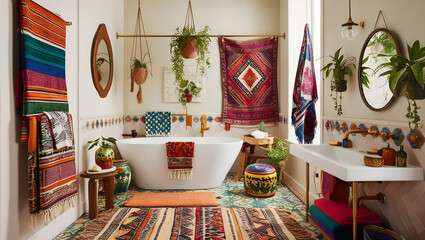 Bohemian bathroom photography.Eclectic and artistic with a mix of patterns and colors.A variety of textures, generative ai