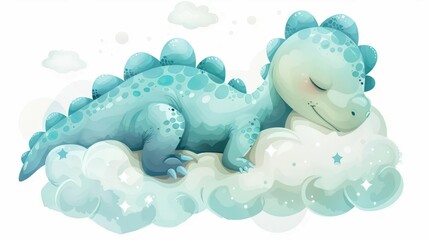 A baby dinosaur sleeping on a cloud, dreamy element, vector art, soft hues, isolated on white background