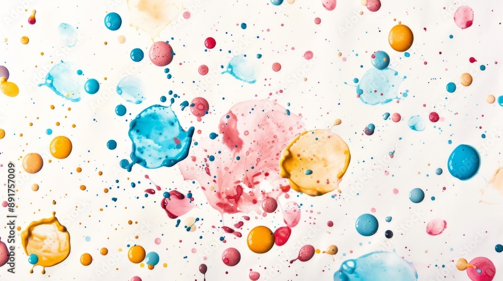 Poster design a splash background with an array of pastel-colored paint drops and splashes, set against a c