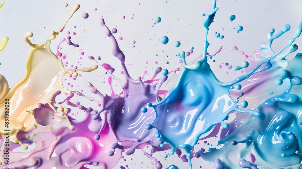 Poster design a splash background with an array of pastel-colored paint drops and splashes, set against a c