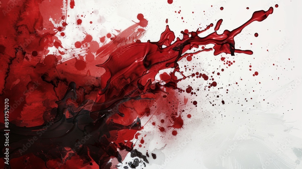 Poster design a splash background with deep red and black paint splashes, dramatically contrasting against 