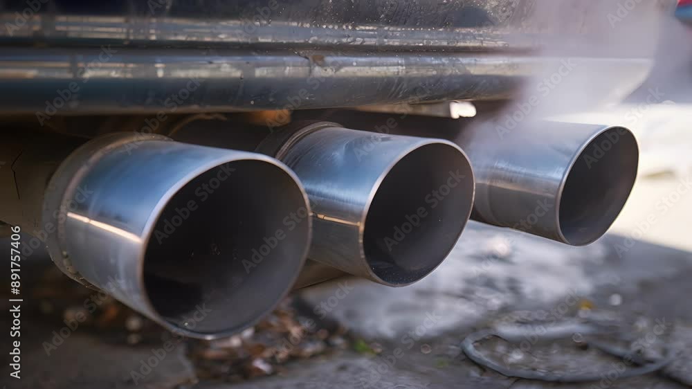 Poster a shot of a dual exhaust system with two identical pipes emerging from the back of a car and running