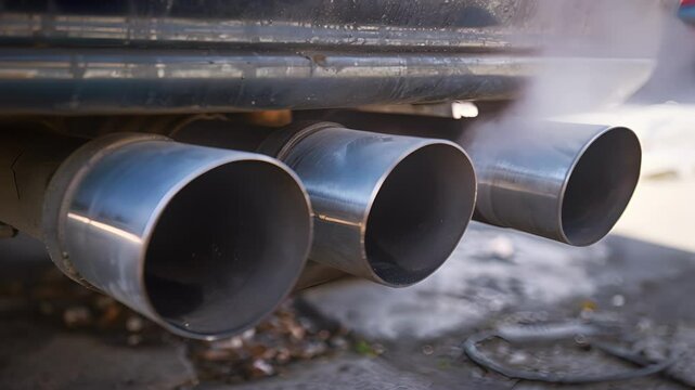 A shot of a dual exhaust system with two identical pipes emerging from the back of a car and running parallel to each other.