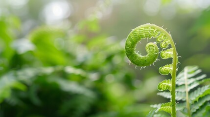 Close-up of a fern frond unfurling, bathed in natural light, showcasing the intricate details and fresh green foliage.