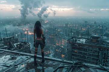 Futuristic cityscape, with fog and smoke, with a cyberpunk girl standing on the roof of a high-rise building.