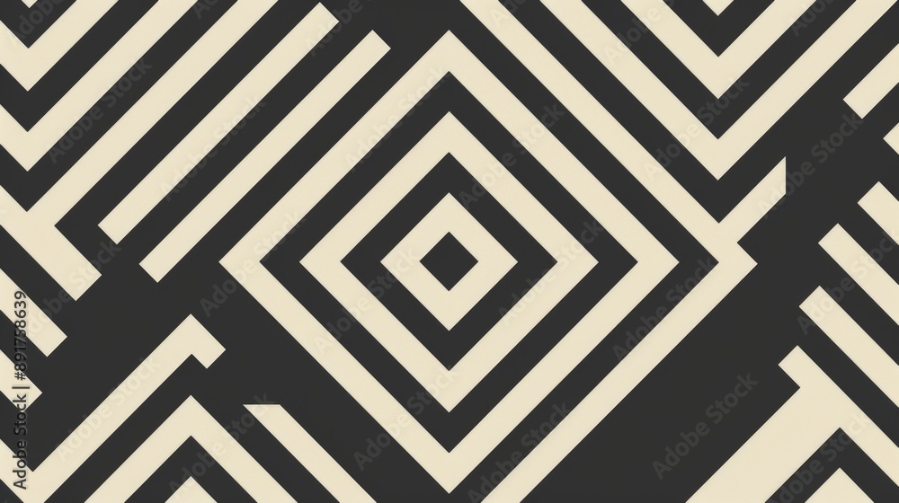 Poster a black and white geometric pattern featuring a series of interlocking squares and diagonal lines. t