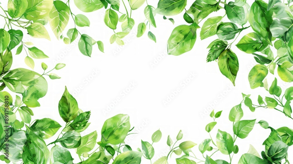 Poster create a delicate leaf frame with intricate patterns of various green leaves, set against a clean wh