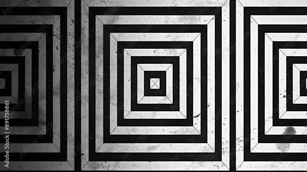 Poster a black and white geometric pattern with concentric squares on a distressed surface