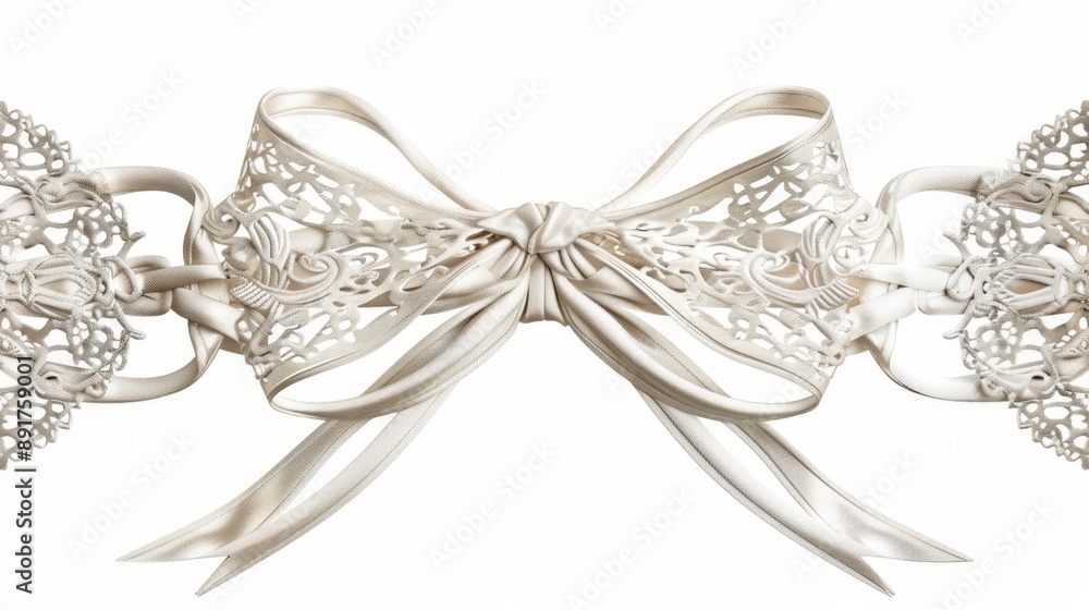 Poster create a delicate, ornate bow frame with intricate lace patterns, set against a clean white backgrou