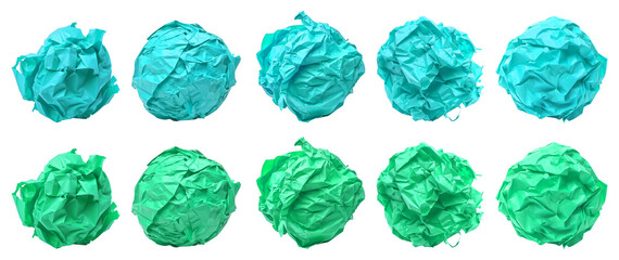 Collection set of turquoise blue green crumpled crushed scrunched paper ball on transparent background cutout, PNG file. Many different design. Mockup template artwork graphic