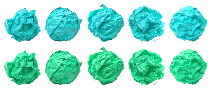 Collection set of turquoise blue green crumpled crushed scrunched paper ball on transparent background cutout, PNG file. Many different design. Mockup template artwork graphic