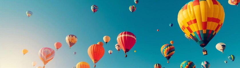 Vibrant hot air balloon festival, dozens of balloons in the sky