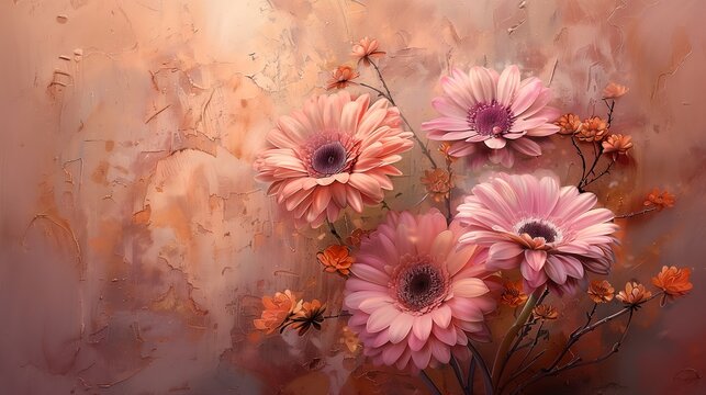 Four lavender gerberas bloom against a textured terracotta background, creating a dreamy, serene composition with light peach tones blending into the warm backdrop.