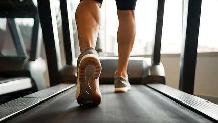 Close-up of man feet on a treadmill running at the gym or at home