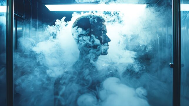 A person is standing inside a cryosauna chamber, surrounded by a thick layer of vapor