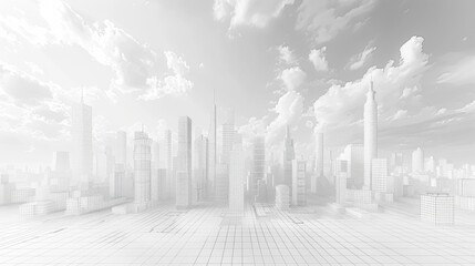 Fototapeta premium Wireframe Cityscape under Cloudy Sky